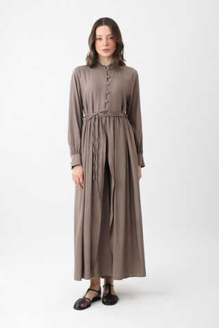 Half-Buttoned Abaya Set in Earth Brown - 1