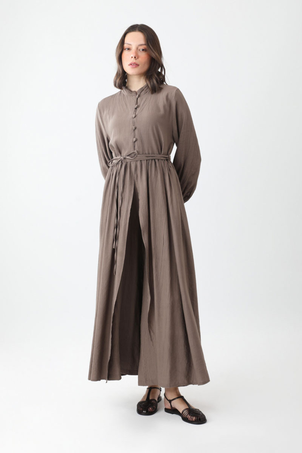 Half-Buttoned Abaya Set in Earth Brown - 2