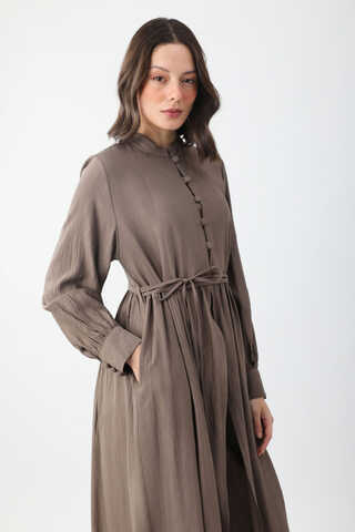 Half-Buttoned Abaya Set in Earth Brown - 4