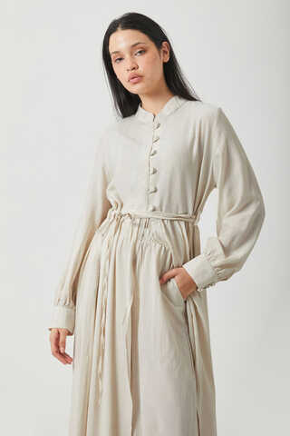 Half-Buttoned Abaya Set in Ecru - 11