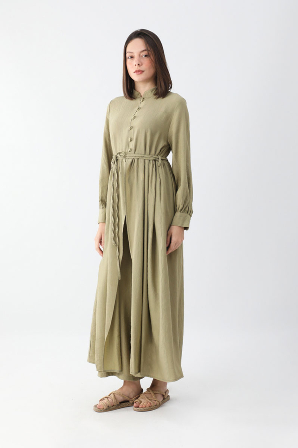 Half-Buttoned Abaya Set in Khaki - 2
