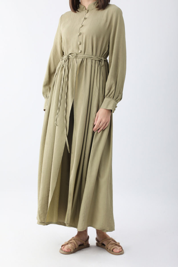 Half-Buttoned Abaya Set in Khaki - 3