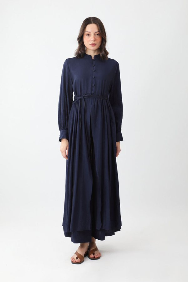 Half-Buttoned Abaya Set in Navy Blue - 1