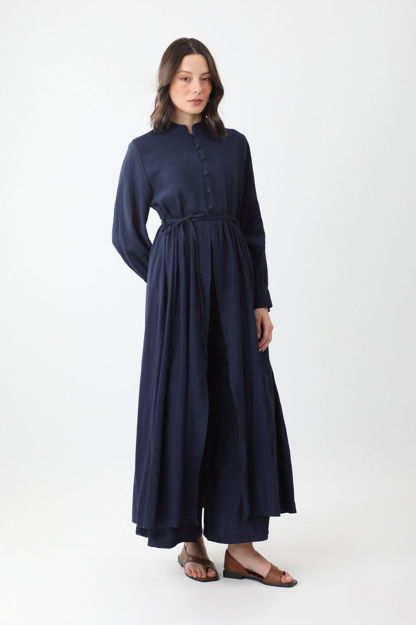 Half-Buttoned Abaya Set in Navy Blue - 2