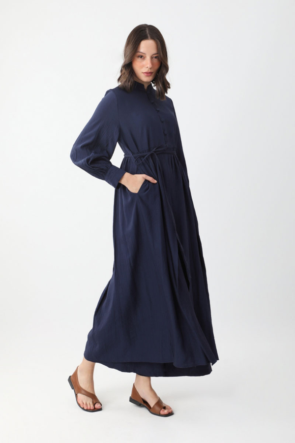 Half-Buttoned Abaya Set in Navy Blue - 3