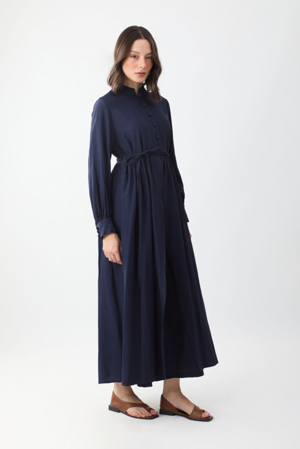 Half-Buttoned Abaya Set in Navy Blue - 4