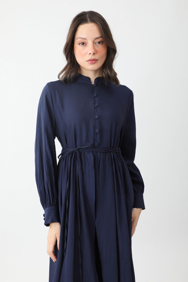 Half-Buttoned Abaya Set in Navy Blue - 5