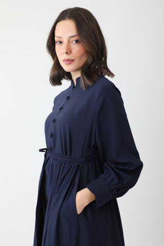 Half-Buttoned Abaya Set in Navy Blue - 7