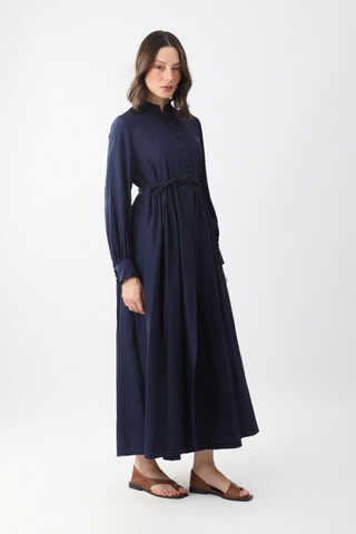 Half-Buttoned Abaya Set in Navy Blue - 4