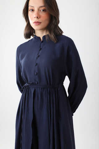 Half-Buttoned Abaya Set in Navy Blue - 6