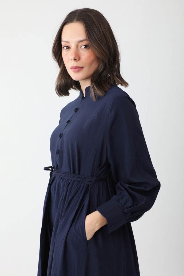 Half-Buttoned Abaya Set in Navy Blue - 7