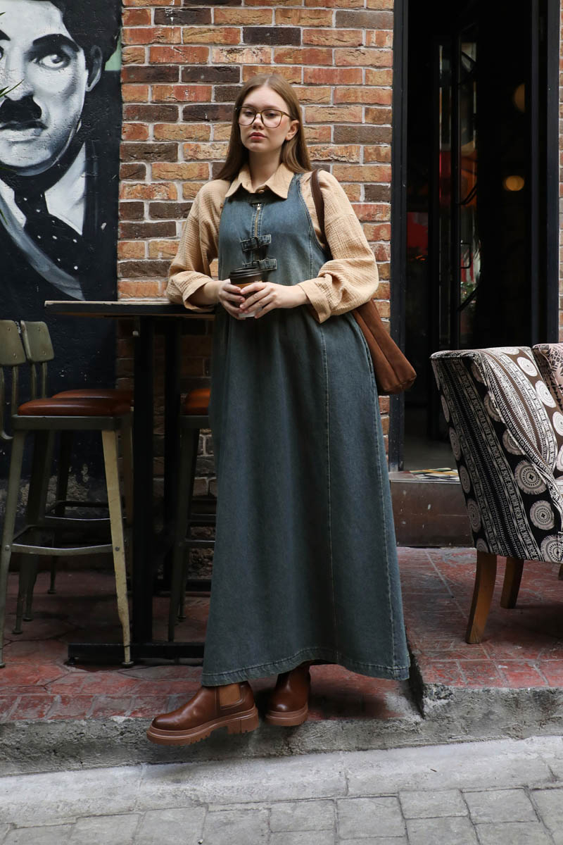 Halter Yaka Denim Jile Koyu Mavi