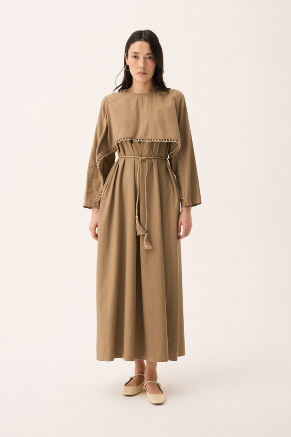 Hasır Biyeli Dilge Elbise Camel - 5