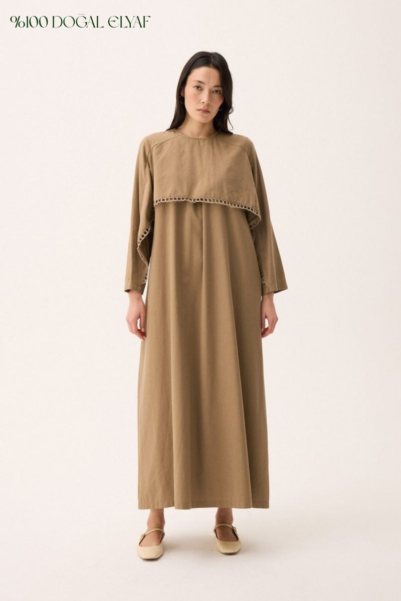 Hasır Biyeli Dilge Elbise Camel