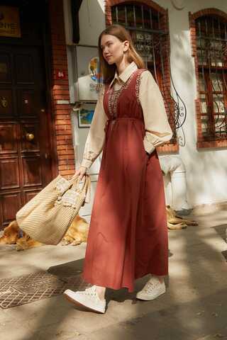 Hazal Ethnic Embroidered Pinafore Brick - 5