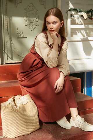 Hazal Ethnic Embroidered Pinafore Brick - 3