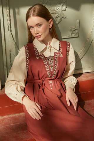 Hazal Ethnic Embroidered Pinafore Brick - 6