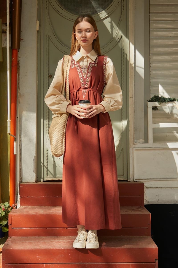 Hazal Ethnic Embroidered Pinafore Brick - 4