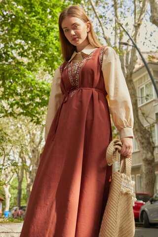 Hazal Ethnic Embroidered Pinafore Brick - 11
