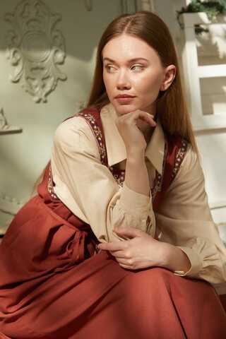 Hazal Ethnic Embroidered Pinafore Brick - 12