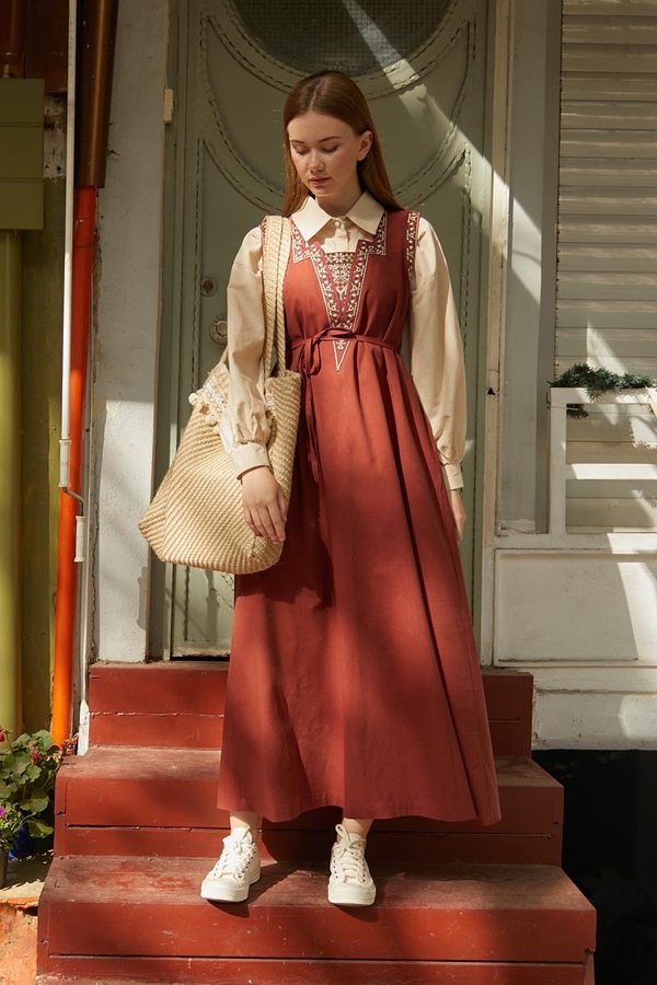 Hazal Ethnic Embroidered Pinafore Brick - 10