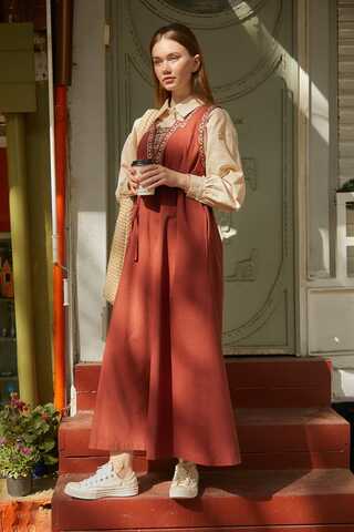 Hazal Ethnic Embroidered Pinafore Brick - 9