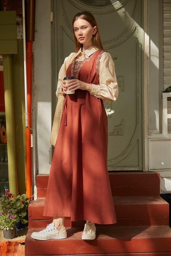 Hazal Ethnic Embroidered Pinafore Brick - 9