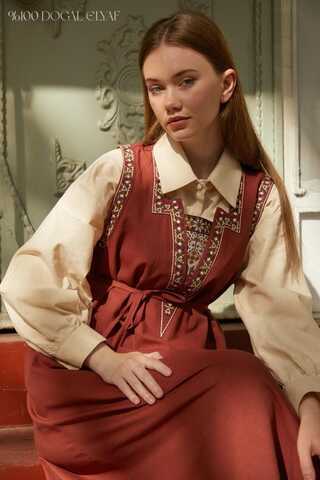 Hazal Ethnic Embroidered Pinafore Brick - 1
