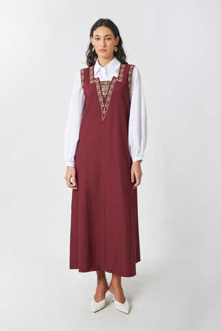 Hazal Ethnic Embroidered Pinafore Burgundy - 2