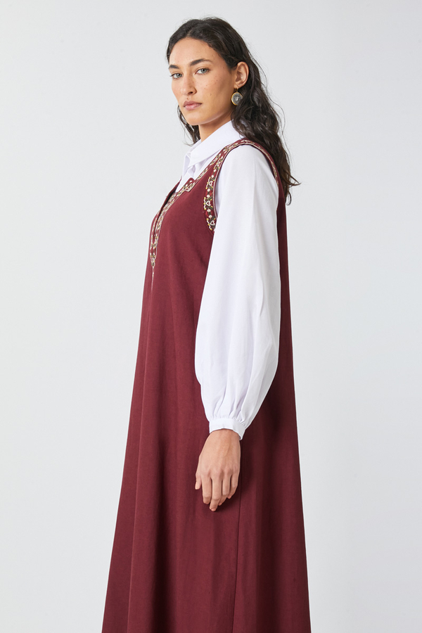Hazal Ethnic Embroidered Pinafore Burgundy - 9