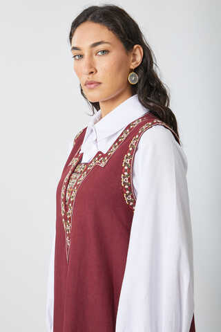 Hazal Ethnic Embroidered Pinafore Burgundy - 12