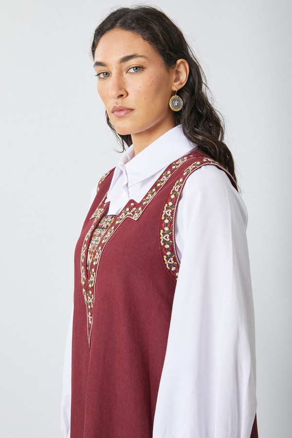 Hazal Ethnic Embroidered Pinafore Burgundy - 12