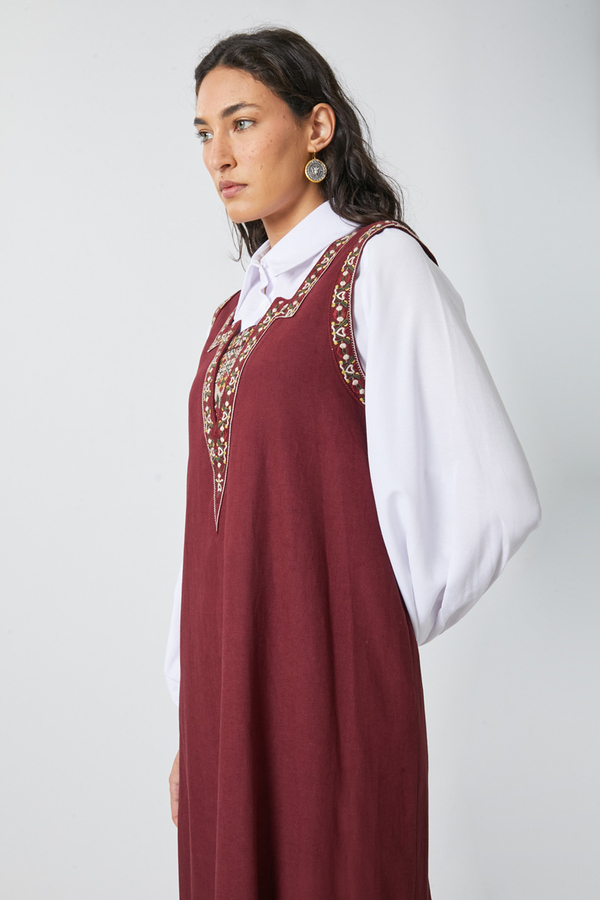 Hazal Ethnic Embroidered Pinafore Burgundy - 13