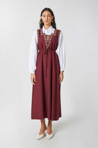 Hazal Ethnic Embroidered Pinafore Burgundy - 7