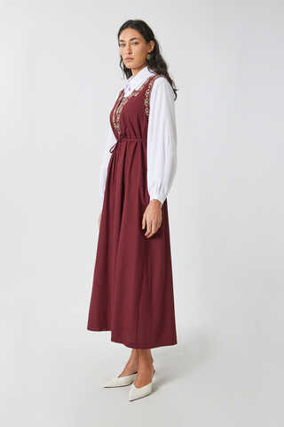 Hazal Ethnic Embroidered Pinafore Burgundy - 15