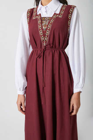 Hazal Ethnic Embroidered Pinafore Burgundy - 4