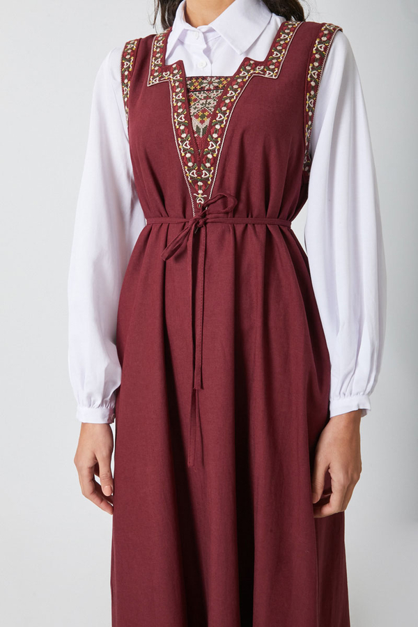 Hazal Ethnic Embroidered Pinafore Burgundy - 4