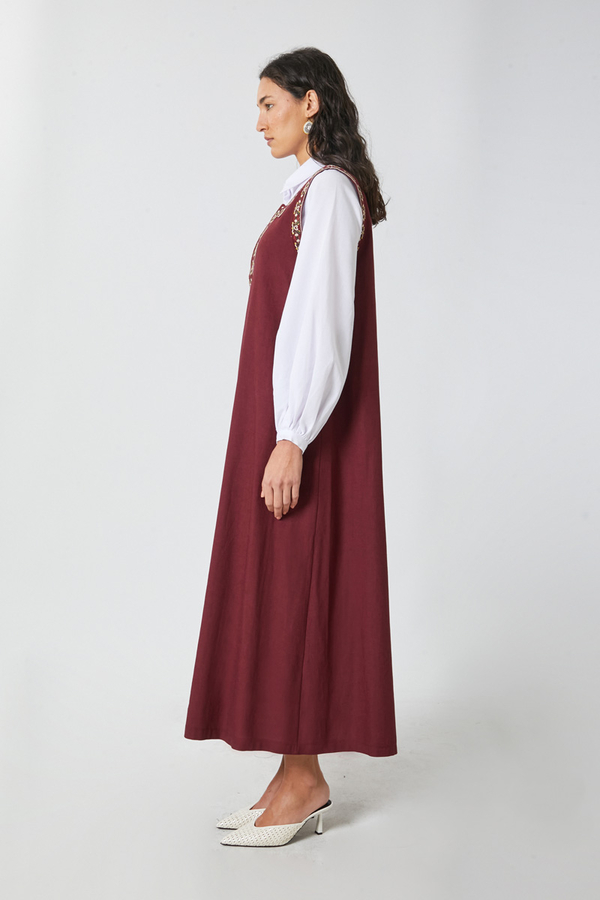 Hazal Ethnic Embroidered Pinafore Burgundy - 8