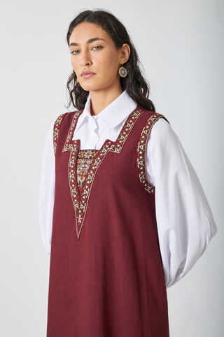 Hazal Ethnic Embroidered Pinafore Burgundy - 5