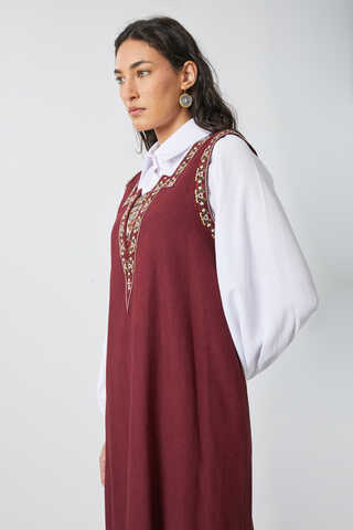 Hazal Ethnic Embroidered Pinafore Burgundy - 13