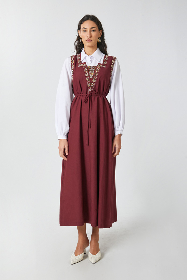 Hazal Ethnic Embroidered Pinafore Burgundy - 7