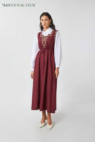 Hazal Ethnic Embroidered Pinafore Burgundy - 1