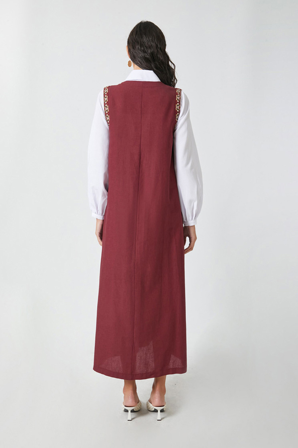 Hazal Ethnic Embroidered Pinafore Burgundy - 16