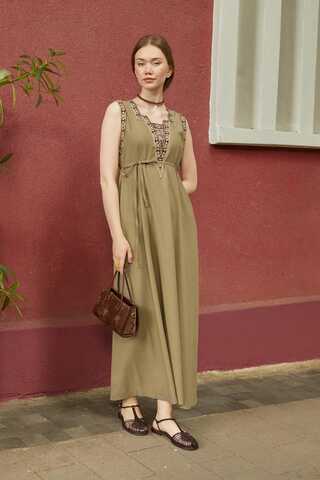 Hazal Ethnic Embroidered Pinafore Khaki - 6