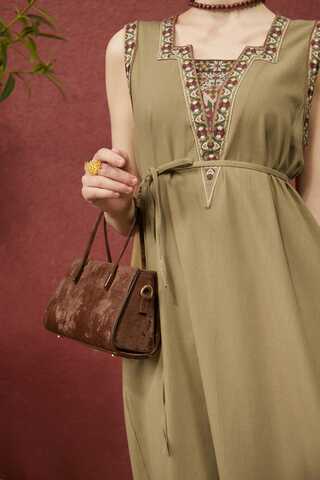 Hazal Ethnic Embroidered Pinafore Khaki - 7