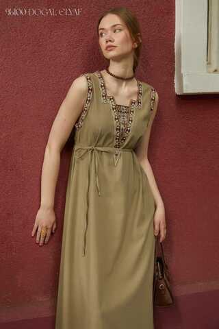Hazal Ethnic Embroidered Pinafore Khaki - 1