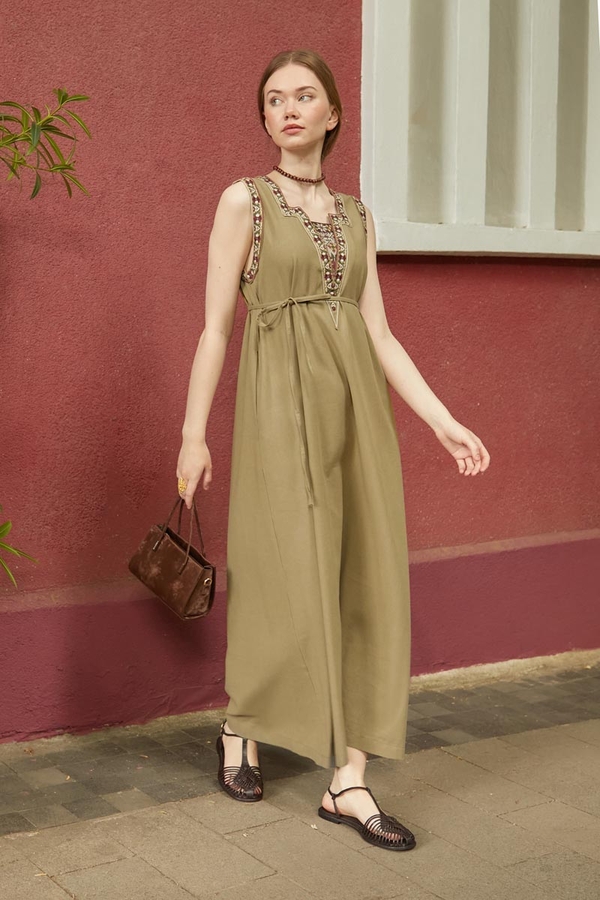 Hazal Ethnic Embroidered Pinafore Khaki - 2
