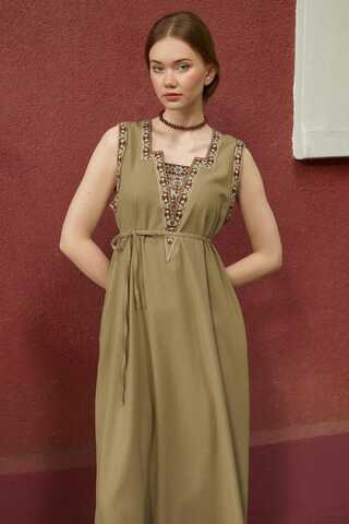 Hazal Ethnic Embroidered Pinafore Khaki - 11