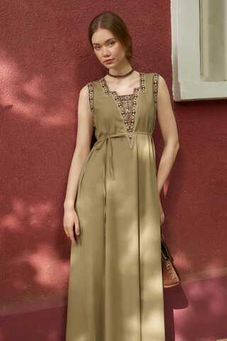 Hazal Ethnic Embroidered Pinafore Khaki - 10