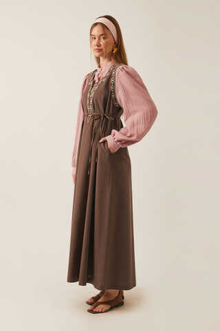 Hazal Ethnic Embroidered Pinafore Brown - 2